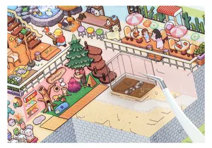 Detail view of large pixel art miniature landscape stickers applied with silver tweezers.