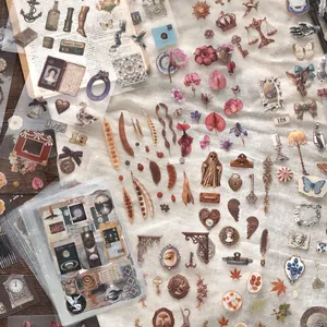 Vintage PET-stickerset voor scrapbooking met antieke voorwerpen, frames en bloemen