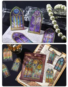 Close-up of vintage stained glass PET stickers for journaling and DIY crafts