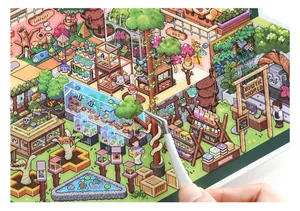 Close-up detail view of pixel art miniature scenery sticker being applied with tweezers