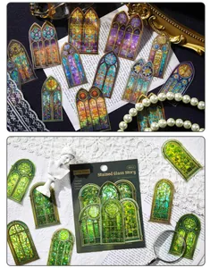 Vintage stained glass PET stickers for scrapbooking showing packaging and detailed patterns.