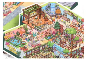 Infeel.Me large pixel art sticker featuring a detailed miniature exotic world and cafe scene