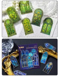Vintage stained glass window style PET stickers for decorative scrapbooking material pack