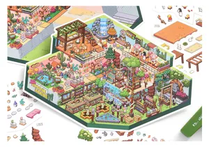 Close-up of large-sized pixel art miniature landscape stickers showing scene assembly