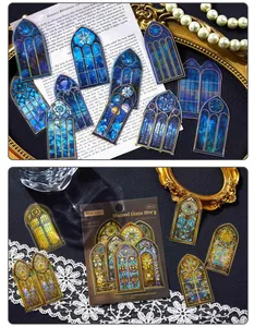 Vintage PET stickers with stained glass window designs for journaling and scrapbooking