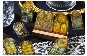 Detailed holographic stained glass PET stickers for vintage scrapbooking