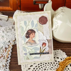 Vintage scrapbooking material paper featuring floral girl illustration for journaling