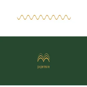 Minimalist brand logo detail of PaperMore stationery with gold wavy line pattern