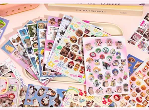 Detailed view of various cute and funny cat stickers for scrapbooking and DIY crafts