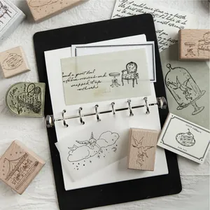 Vintage wooden rubber stamps set with fairytale designs for journaling and scrapbooking