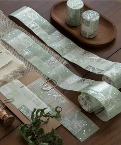 Detailed view of vintage green washi tape with silver foil botanical designs.