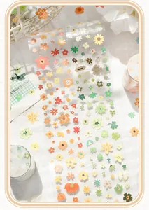 Close-up detail of transparent floral sticker tape with colorful hand-drawn flower designs.