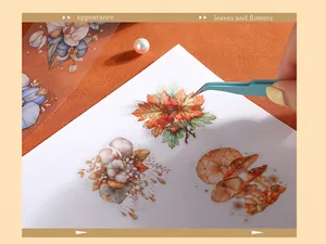 Detailed view of botanical stickers featuring autumn leaves and mushroom for journaling