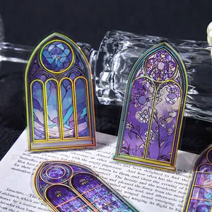 Aesthetic gothic stained glass window PET stickers with holographic gold edges for journaling
