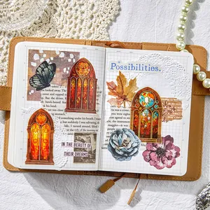 Vintage PET sticker pack with stained glass window designs for scrapbook collage material