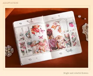 Detailed view of colorful flower and plant themed washi tape applied in a journal