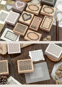 Close-up of vintage beech wood stamps featuring intricate lace border designs for DIY.