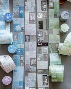 Detail showing silver stamped washi tape with elegant floral and celestial motifs