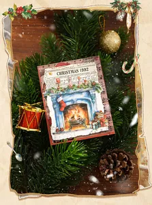 Pegatina de chimenea vintage con texto Christmas 1992 sobre fondo de ramas de pino