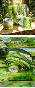 Detail view of Retro Story washi tape with pastoral mountain and pasture scenery