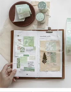 Close-up detail of vintage green decorative tape applied in a creative journal spread layout