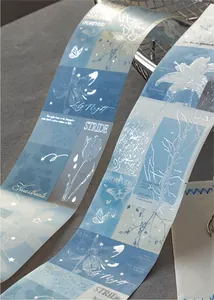Macro detail of retro blue PET tape featuring elegant silver foil botanical patterns.