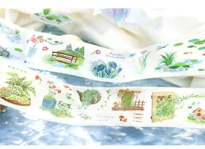 Detail view of die-cut washi tape featuring botanical and scenic illustrations.