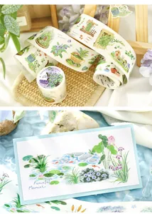 Detailed view of botanical washi tape illustrations and creative journal collage.
