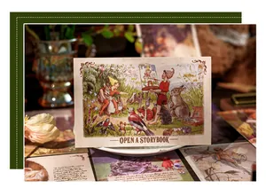 Close-up of vintage European style storybook illustration postcard for decoration