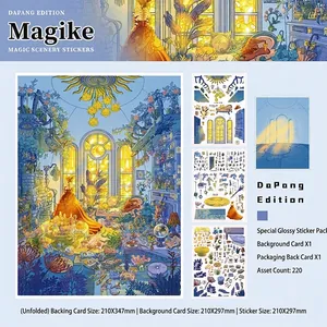Macro view of Magic Scenery stickers featuring three sheets, background card and sizes