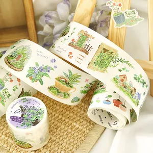 Detailed botanical washi tape with miniature world garden illustrations for journaling