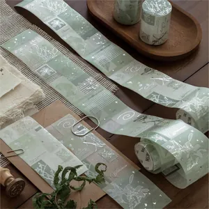 Premium silver foil die-cut washi tape featuring vintage green botanical patterns