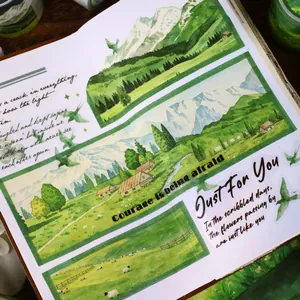 Retro Story green mountain landscape washi tape for journaling and creative DIY crafts