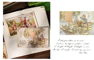 Vintage European style postcards with fairy tale illustrations on a dotted notebook