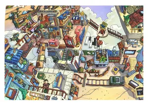Detail view of intricate micro-scene city stickers with vibrant illustrative style.