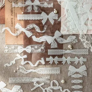 Adesivi vintage in pizzo PET bianco con fiocchi e motivi floreali per scrapbooking