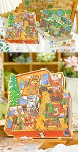 Makroansicht detaillierter Miniaturhaus-Aufkleber für kreative DIY-Journaling-Projekte