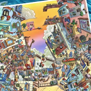 Large 3D micro landscape sticker featuring a detailed fantasy city scene illustration