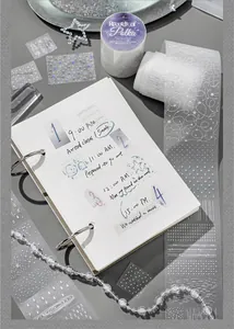 Close-up of translucent glitter sand washi tape applied to a planner notebook