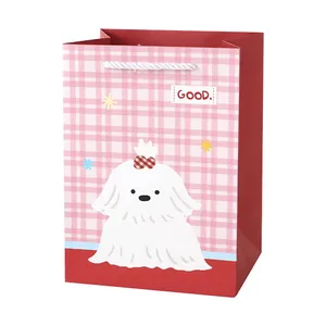 Pink checkered paper gift bag with cute white dog illustration and rope handles