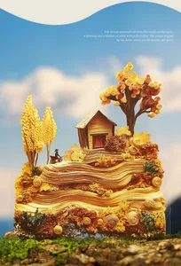 Primer plano de pegatina decorativa de paisaje natural con árbol dorado y casa
