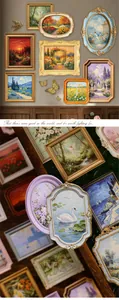 Detail view of vintage oil painting style stickers with ornate frame shapes.
