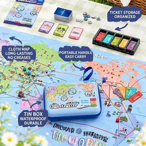 Yaofish World Traveler portable educational board game set with map and tin case