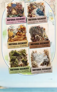 Vista detallada de seis pegatinas decorativas de PET con paisajes naturales 3D para diarios DIY.