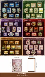 Detail view of retro art sticker series with six themes and size comparison chart