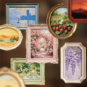 Vintage Oil Painting Art Frame Sticker Retro Landscape Flower Scrapbooking DIY Decorative Journaling Stickers Set