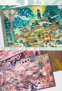 Vista dettagliata di adesivi puzzle 3D in lamina d'argento con paesaggi fantasy onirici.