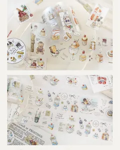 Detail view of matte PET decorative tape with cozy hand-drawn food and cafe illustrations
