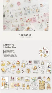 Detailed view of matte PET tape with coffee and dessert stickers for journal decoration