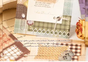Close-up of vintage fabric garden scrapbooking paper with realistic embroidery textures.